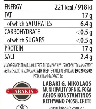 SAUSAGES TRADITIONAL GREEK - Nutritional Information
