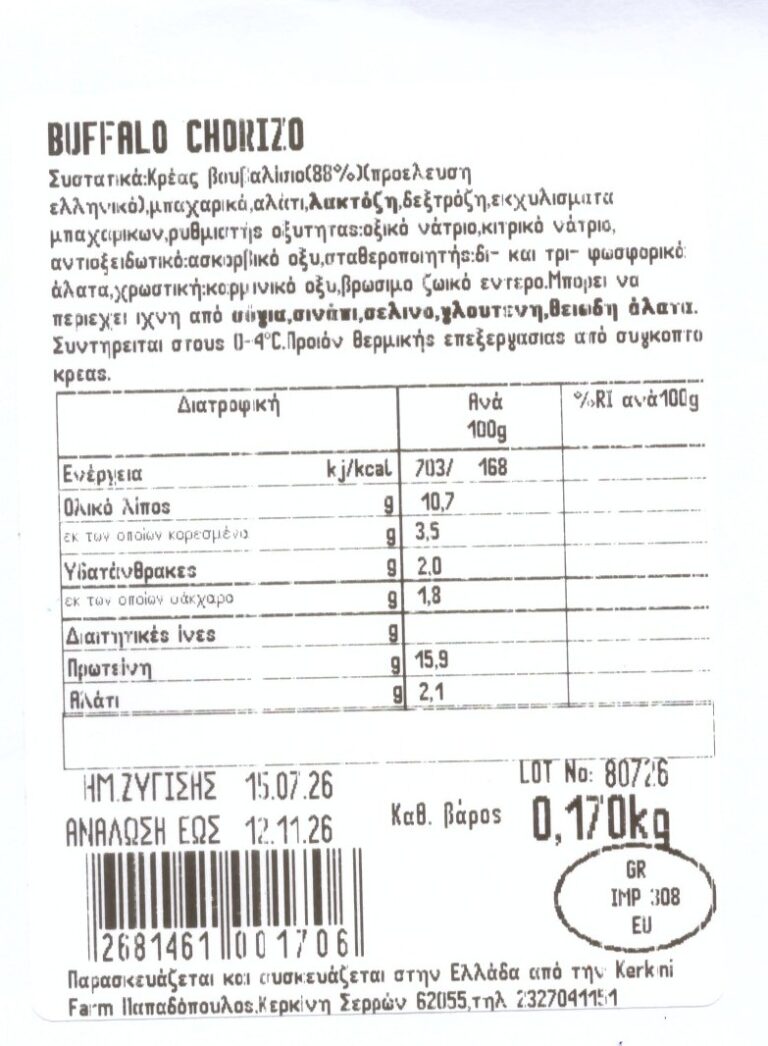 buffalo chorizo - Nutritional Information
